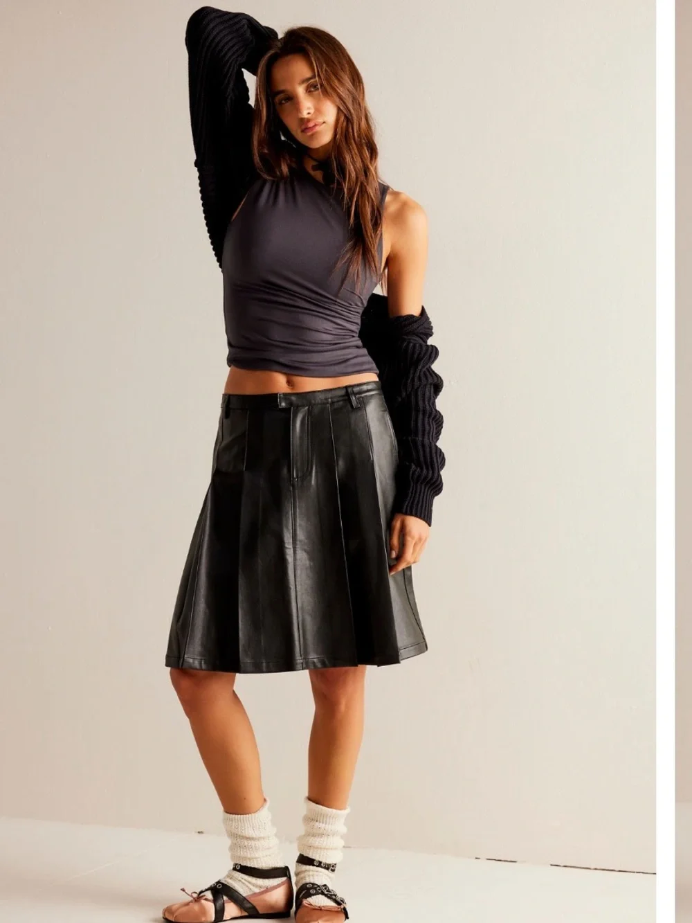 Free People Pleated Black Faux Leather A-Line Skirt 4 - Picture 1 of 5